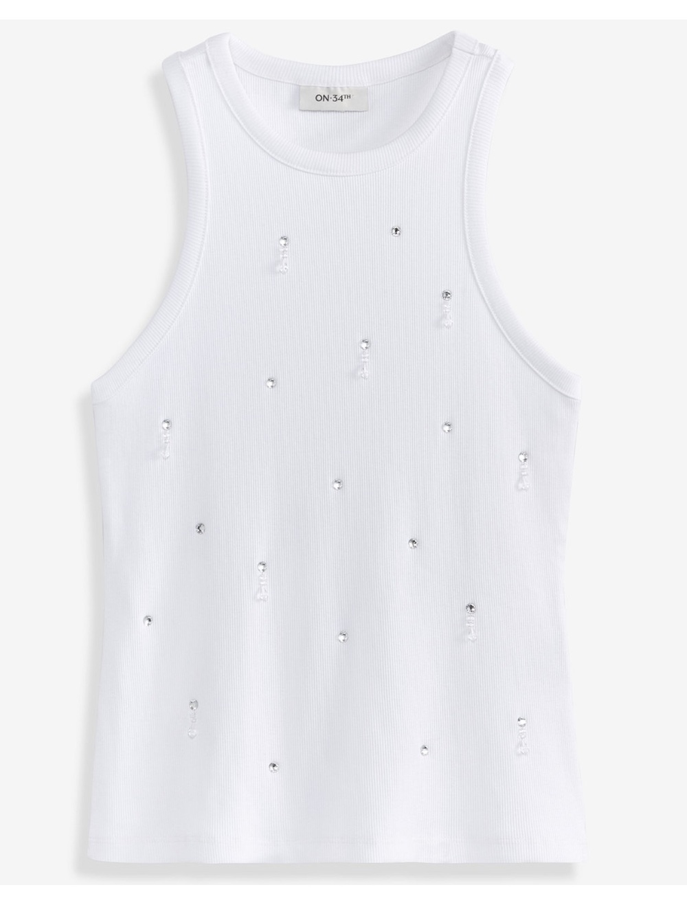 Jeweled White Ribbed Tank Top